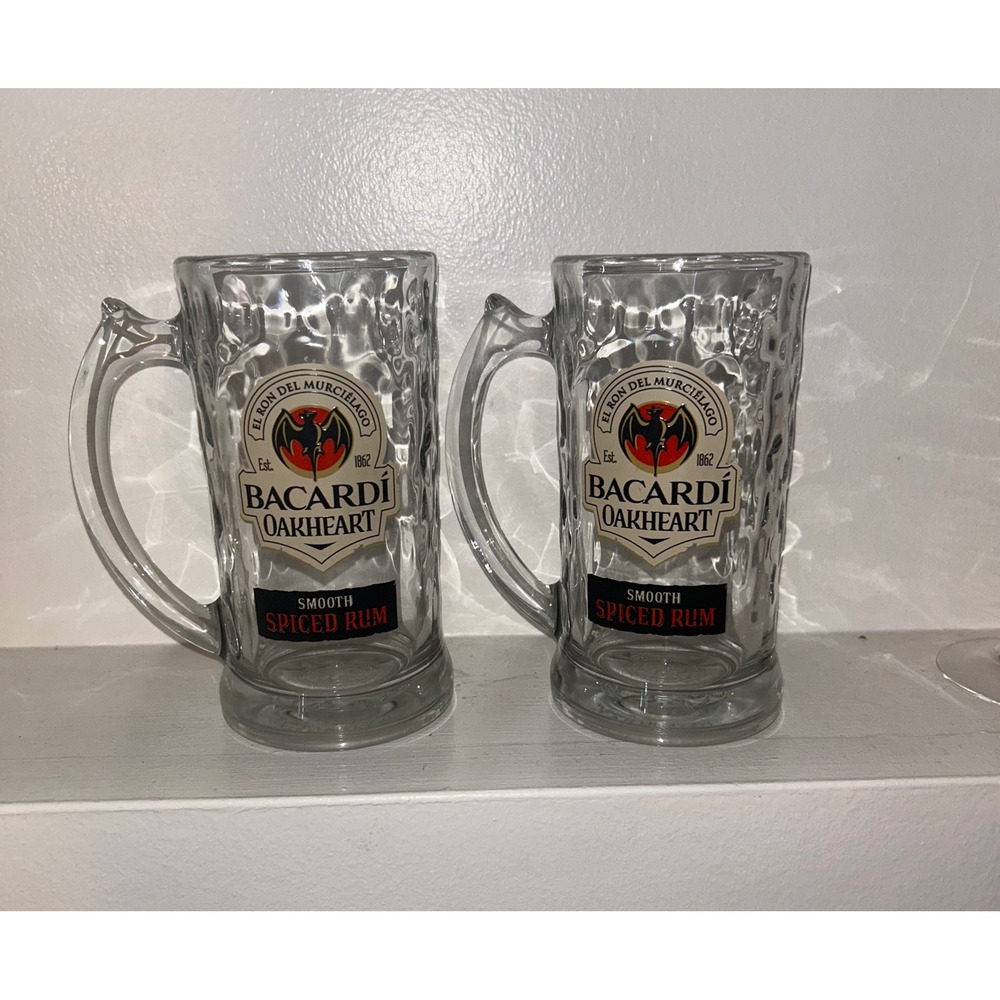 Bacardi Oakheart Spiced Rum Glass Beer Mugs Set of 2 Hammered Dimpled Steins USA